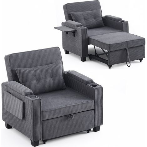 Single Sofa Bed, 3 in 1 Convertible Sleeper Chair with Adjustable Backrest, Charger & Cup Holder, Side Pockets, Foldable Pull Out Armchair for Living Room Bedroom Lounge Grey