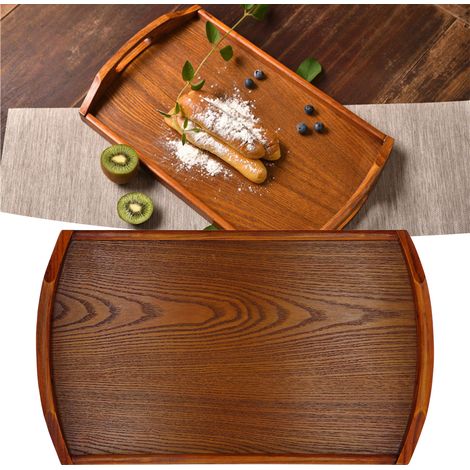 Rechteckiges Holztablett mit den Maßen 45 x 27 x 4,5 cm, tragbar, mit Griff, ideal für Tee, Desserts und Obst, zu Hause oder im Hotel. (1/5)