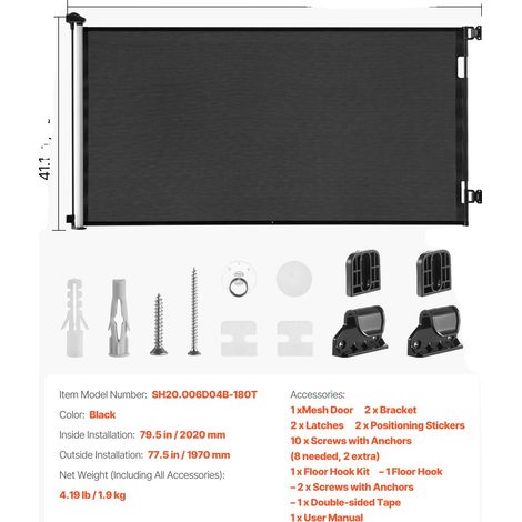 Barrera de seguridad retráctil para bebés, altura ajustable, diseño de malla resistente, tipo H, color negro. (1/2)
