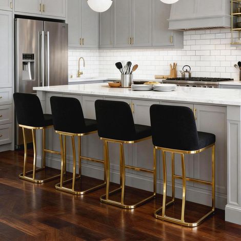 Barhocker 4er Set Samt mit goldenem Metallbein, gepolstert, mit Rückenlehne (1/5)