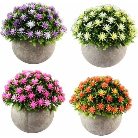 Set of 4 Small Artificial Flower Plants with Pot, Indoor/Outdoor Decoration (Orange, Pink, Yellow, Purple) (1/4)