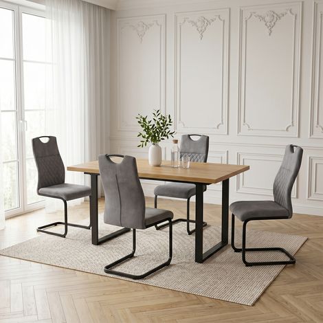 HIPIHOM Ausziehbarer Esstisch mit eichenfarbener MDF-Platte und U-förmigen Beinen aus schwarzem Metall, 130 cm bis 170 cm, 85 cm breit (Esstisch, 4 Stühle, Grau)
