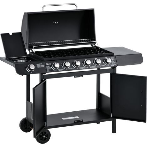 Gasgrill Bbq Grillwagen Mit 6 Brennern 1 Seitenbrenner Schrank Multifunktion Metall Schwarz 135 X 50 X 100 Cm