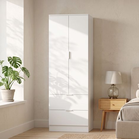 Armoire Chambre Penderie avec 2 Tiroirs, 2 Portes à Fermeture Douce et Barre de Suspension, 60 x 47 x 180 cm, Blanc (1/5)