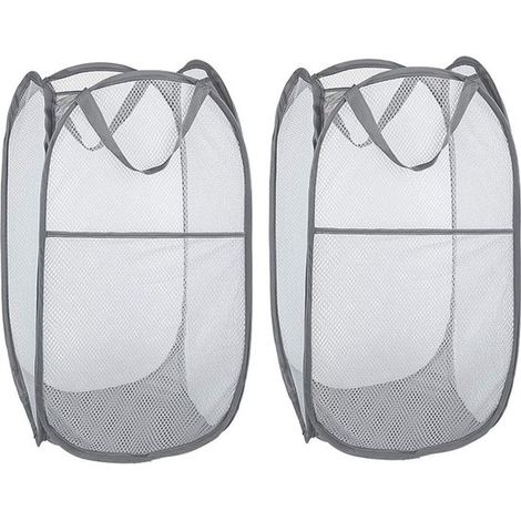 Lot de 2 paniers à linge – 36x36x60 cm – Gris – Pliables – Filet – Chambre, étudiant, voyage (1/5)