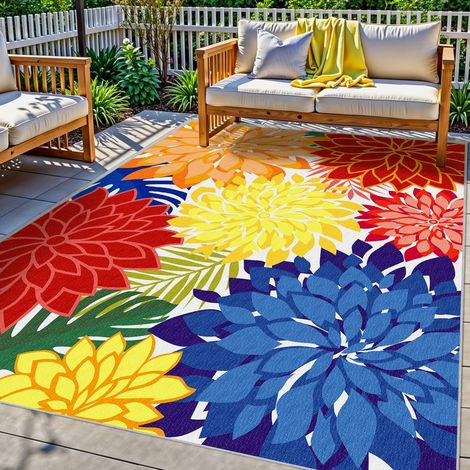 Tapis de terrasse 140 x 200 cm – Tapis extérieur floral en velours cristal – Décoration pour jardin, cour et terrasse (1/5)