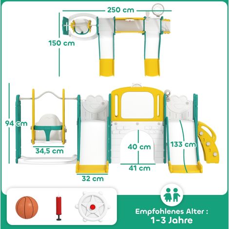 Ensemble toboggan balançoire 9-en-1 bambin, panier basket, lunette, tableau dessin, motif grenouille, couleurs jaune et vert. (1/5)