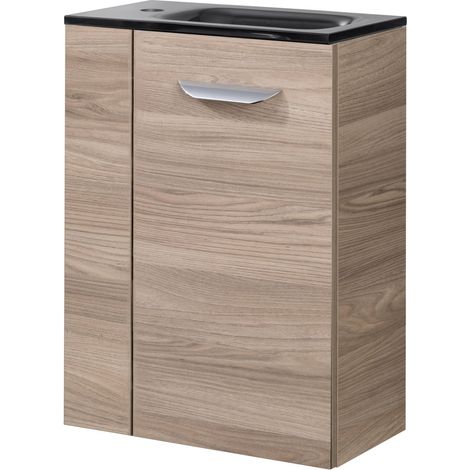 Fackelmann LUXOR SBC Gäste-WC Set 2 Teile – Waschtischunterschrank in Holz Braun mit Waschbecken aus Glas in Anthrazit – Waschbeckenunterschrank schmal – Türanschlag rechts – 45 cm breit"-"90081145 (1/4)
