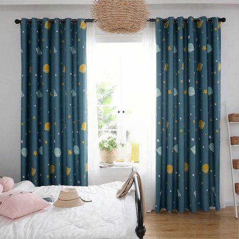 Rideau occultant chambre enfant, voilage polyester bleu planète, bloque lumière, parfait salon ou chambre à coucher (100x250 cm, panneau unique) (1/5)