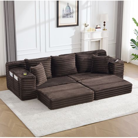 Sofa mit Schlaffunktion Cord Braun mit Getränkehaltern OKMYHOME (1/5)