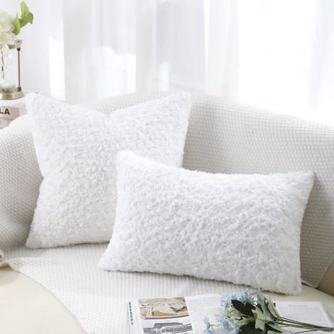 Lot de 2 Housses de Coussin en fausse fourrure décorative, pelucheuses et moelleuses, carrées et neutres, 45x45cm, Blanc (1/4)
