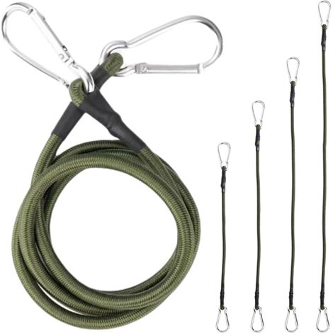 Elastic Cord with Hook, Dark Green with Carabiner, 30cm, 60cm, 90cm, 120cm Elastic Cord, for Outdoor, Camping, Canvas, Bike Carrier, Tent, 4 Pieces (1/5)
