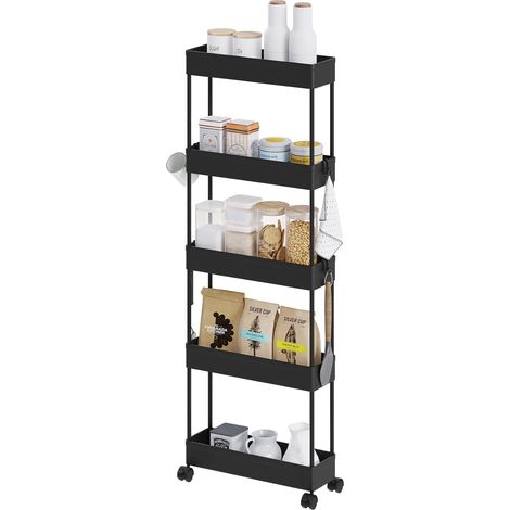 Klihome Carrito de cocina de 5 niveles con ruedas y 6 ganchos, negro (1/5)