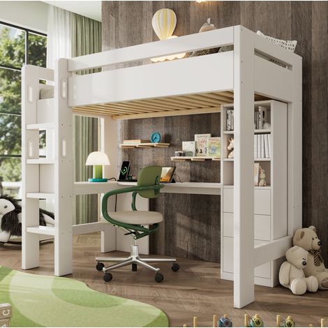 Bett Hochbett platzsparend 90x200 Holz Weiß OKMYHOME (1/5)