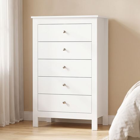 Commode 5 Tiroirs, Meuble de Rangement avec Glissières Fluides, Chiffonnier, Style Moderne, 60 x 39,5 x 95,3 cm, Blanc (1/5)