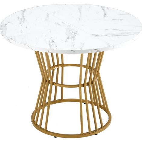 Ensemble salle à manger 5 pièces avec table ronde 100 cm MDF blanc et pieds en métal doré, 4 chaises en velours gris foncé (1/5)