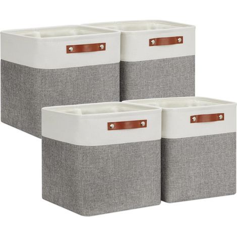 Boîte de Rangement en Tissu 28x28x28cm, Lot de 4 Paniers de Rangement Cubiques Pour Armoire, Étagère, et Vêtements, Gris&Blanc (1/4)
