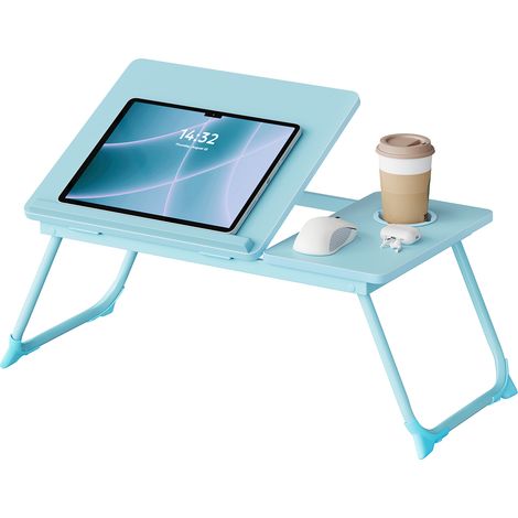 WOLTU Bed Table, Laptop Stand for Bed with Multi-Angle Tabletop, Folding Legs and Cup Holder, for Working Reading Dining, Sky Blue (1/5)