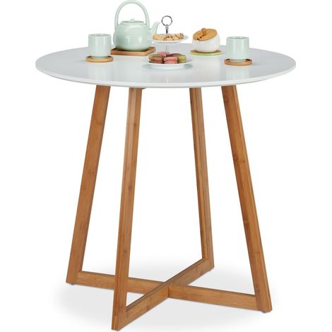Relaxdays Mesa Comedor Redonda Nórdica, Mesa Cocina para 2, Bambú-DM, 75x80 cm, Blanco-Marrón (1/6)