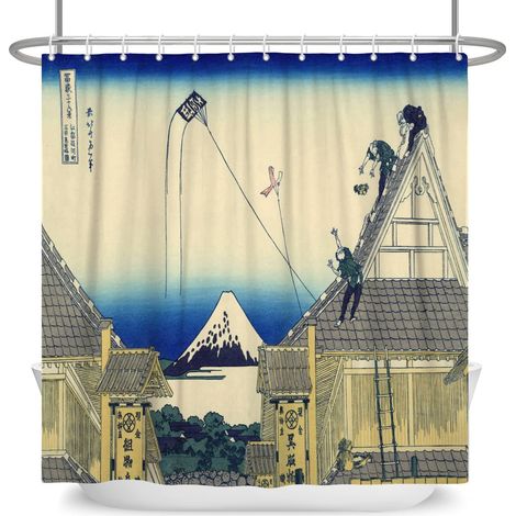 180x243cm Japonais Peinture à l'huile Rideau de Douche Kanagawa Cerf-Volant en Volant Ukiyo-e Cottage Rideau de Bain Mont Fuji Japon Art Rideau pour Salle Bains Polyester avec Crochets (1/5)