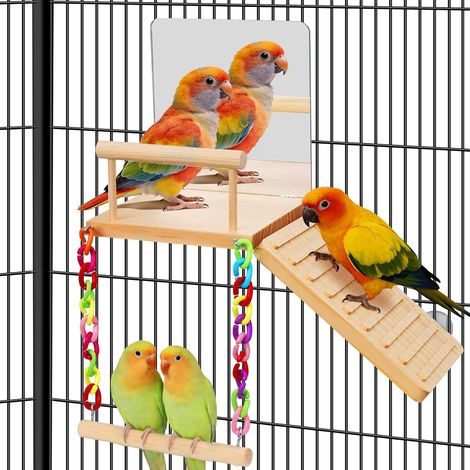 Plateforme de perchoir avec balançoire, miroir et échelle d'escalade pour oiseaux, jouets et accessoires de cage pour perruches calopsittes, inséparables, perruches du Pacifique, chinchillas et hamste (1/5)