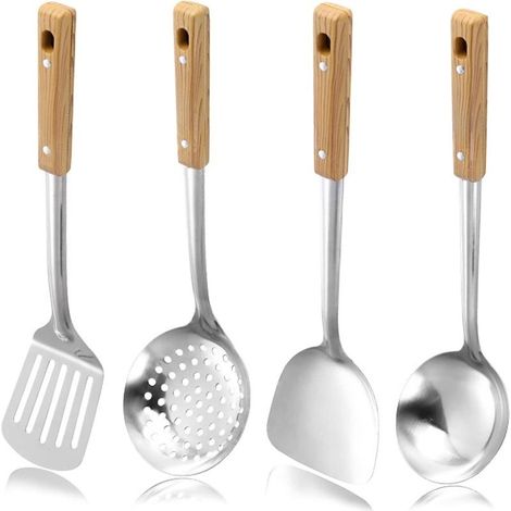 Utensils For Wok In Stainless steel : Spatula For Wok, Louche Openwork, Skimmer And Spoon Openwork, Tools Of Kitchen In Metal, Set Of 4