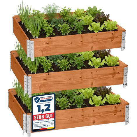 Garronda Potager surélevé en Bois Naturel 120x80x20 cm pour Jardin – Jardinière rectangulaire 3 piècespour Plantes, Fleurs, légumes et Herbes - Bac Potager en Bois GD-0075, Marron
