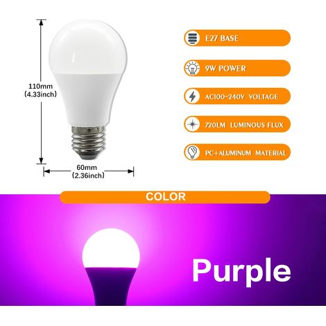 Ampoule LED 9W (E27 violette, 1 pièce), éclairage décoratif.