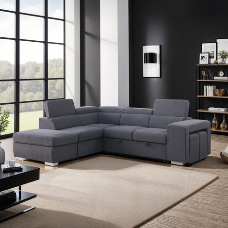 M&S – Canapé d'angle gauche 268x163x82 cm – Velours anthracite – Sièges profonds avec ressorts ensachés – Structure en bois d'eucalyptus