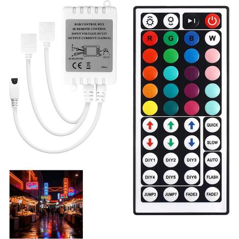 Contrôleur de lumière LED avec télécommande IR 44 touches, adapté pour bandes LED RGB 5050, 3528 et 2835, Sorties 12V/24V, 6 modes DIY, 20 couleurs statiques, 8 modes de contrôle (1/5)