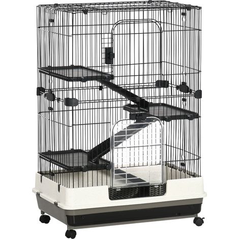 Gabbia a 3 Piani in Metallo con Vassoio per Roditori, Conigli e Furetti con 4 Ruote, 81.2x52.7x114cm, Nera