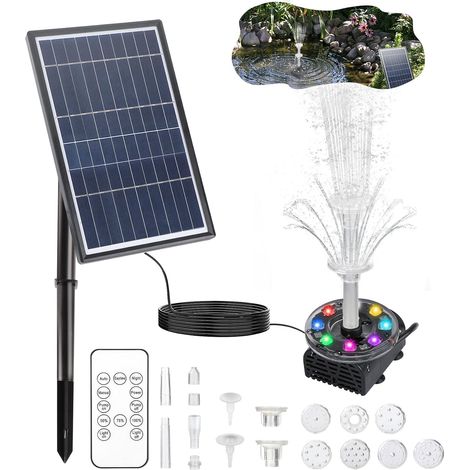 Fontaine Solaire LED avec Panneau Solaire 7W, Batterie 5000 Mah intégrée, 10 Styles de Fontaine pour Jardin, Bain d'oiseaux et étang (1/5)