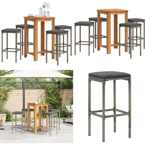 Set Bar Giardino 5pz Grigio Legno Massello Acacia e Polyrattan - Tavolo da bar - Sgabello da bar