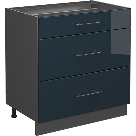 Mueble bajo de cocina Fame-Line, Azul oscuro alto brillo, 80 cm con 3 cajones, ET Roble, Vicco