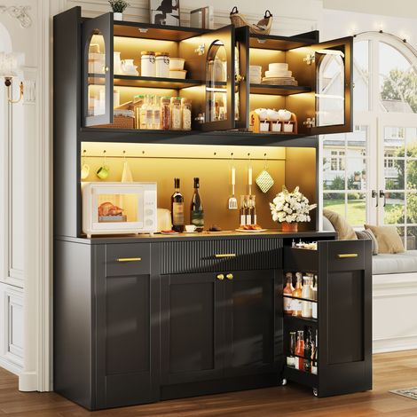Buffet haut de cuisine 120 cm avec LED RGB contrôlée par application, 3 vitrines en verre, tiroirs et rangements latéraux coulissants, noir (1/5)