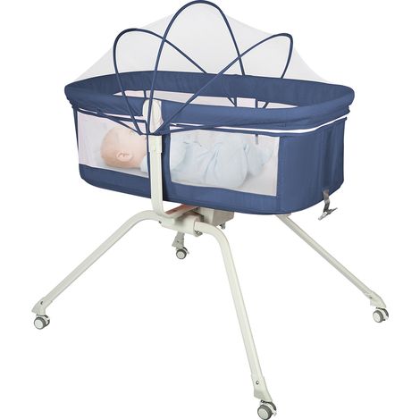 Haloyo® Beistellbett Baby mit Vordach, Tragbares Kinderbett, Babybett, Babywiege, mit Rollen, 94x70x80cm, Marineblau (1/5)