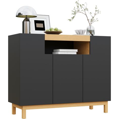 Buffet moderne noir et effet bois à 3 portes avec niche ouverte, rangement multifonction pour salon, salle à manger ou entrée, CHICFURN (1/5)