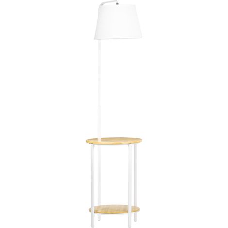Lampadaire 162 cm 40 W, lampe sur pied avec 2 étagères et abat-jour en lin, structure en métal blanc, pour salon et chambre.