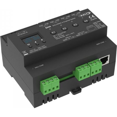 Interruttore Relè DALI DMX, 4 Canali con Contatto Pulito 16A, OLED Display, Guida DIN, DMX RDM, On Off per Luci e Carichi 220V Max 16A