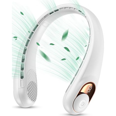 Ventilador de cuello recargable, batería de 3600 mAh, pantalla LED, 3 velocidades, aire frío turbo, funcionamiento manos libres, ligero, diseño elegante, 16 horas de duración de la batería. (1/5)