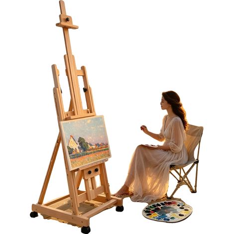 Caballete de artista, madera de haya, altura regulable de 143 a 232 cm, dimensiones 48 x 53 cm, portátil con ruedas, altura máxima para pintar 220 cm. (1/5)