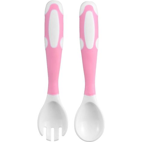 Baby Spoon and Fork Set Travel Case Bendable & Non-Slip Handle Baby Training Spoon with Storage Box-Pink