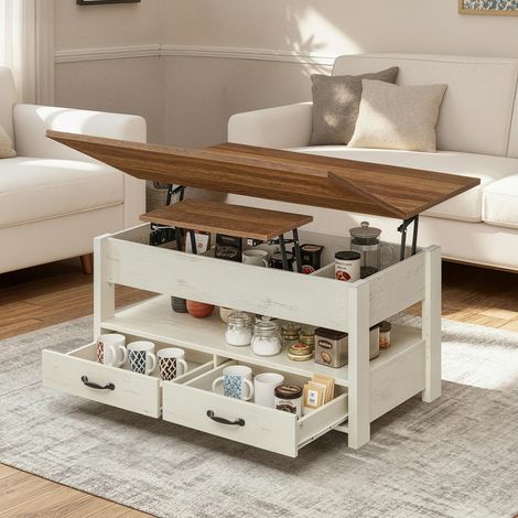 Vasagle – Table basse relevable – 2 plateaux modulables – 3 compartiments de rangement – Surface résistante à l’eau – Marron et blanc
