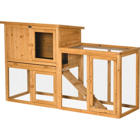 Clapier pour petits animaux avec enclos extérieur, bac de base amovible, résistant aux intempéries, 141 cm x 60 cm x 86 cm, marron (1/5)