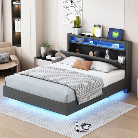 Cama tapizada de tela gris 140x200 cm con USB, LED y cabecero reversible con almacenaje (1/5)
