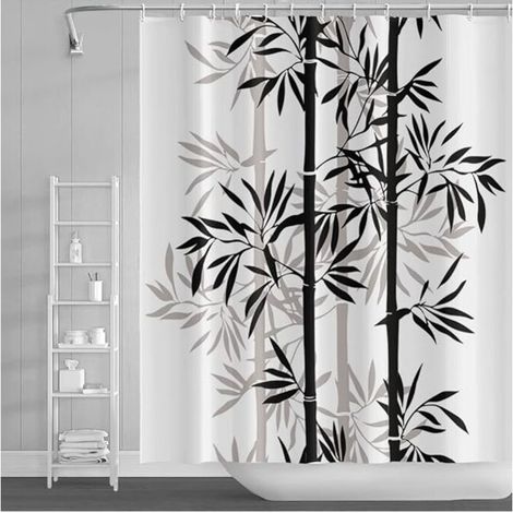 Duschvorhang mit Bambusblattmotiv, 150 x 180 cm, abstraktes schwarz-weißes Bambuspflanzen-Design, mit Tuschefarbe, für Kinderbäder, aus Polyester mit Haken. (1/4)