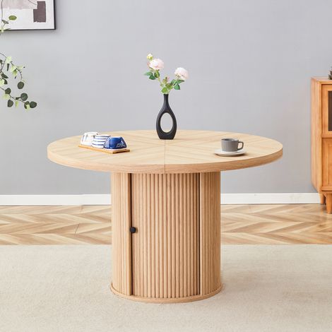 Table de salle à manger ronde avec rangement, aspect bois, 115 cm, pied central avec placard, pour 4 à 6 personnes, style scandinave moderne (1/4)