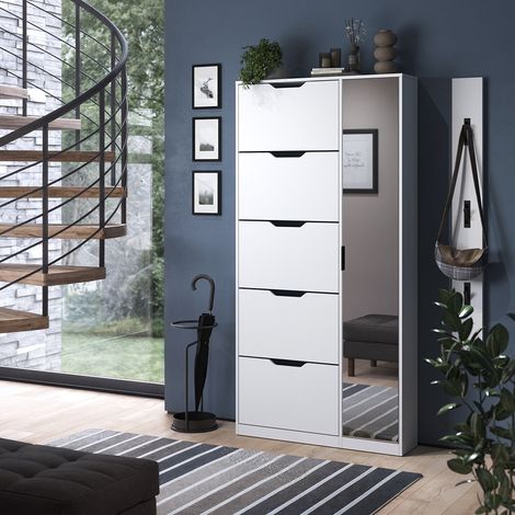Scarpiera da ingresso Luca, Bianco, 90 x 180.5 cm con 5 scomparti inclinabili e specchio, Vicco (1/5)