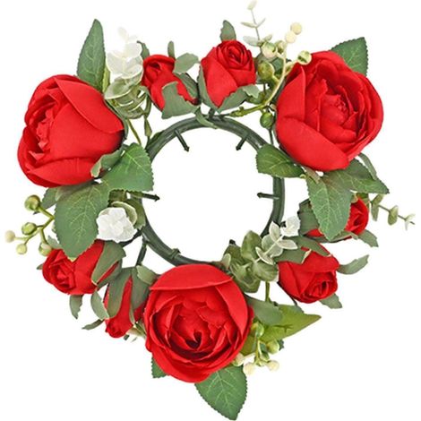Couronne artificielle de roses et de verdure, porte-bougie pilier décoratif pour porte ou centre de table de salon-Red (1/5)