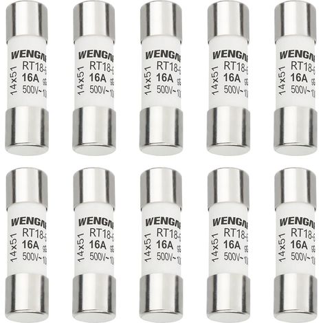 Pack of 10 Cylindrical Ceramic Fuses 16A - AC 500V - Format 14 x 51 mm (Size RO16) - High Breaking Power 100 kA - Industrial and Tertiary Protection (1/5)